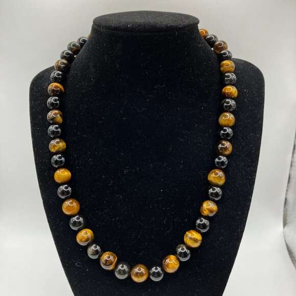 Men's Tiger Eye and Obsidian Genuine Gemstones 18.5 inch Choker Handmade NEW - Picture 4 of 13